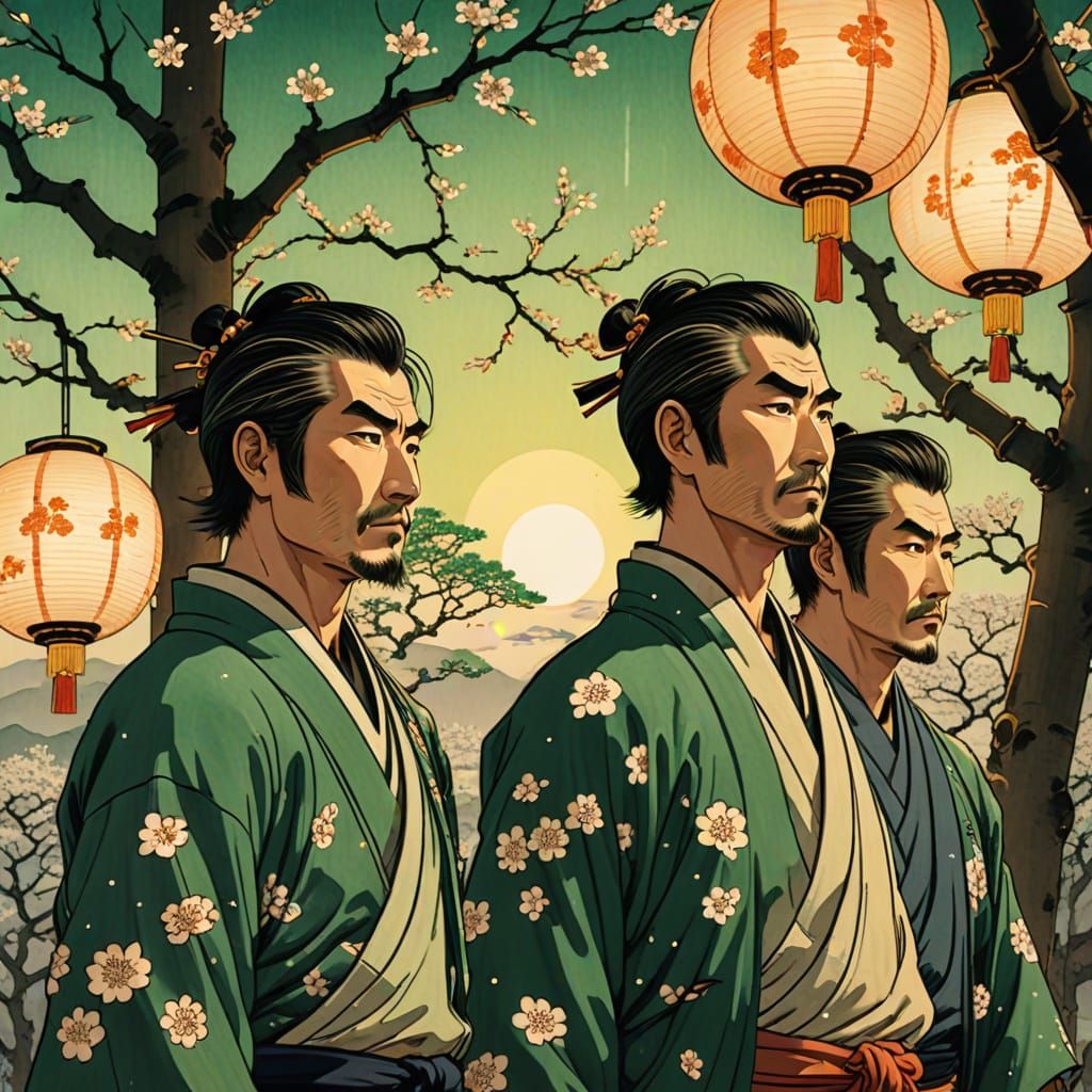 Ukiyo-e Men at Sundown with Cherry Blossoms