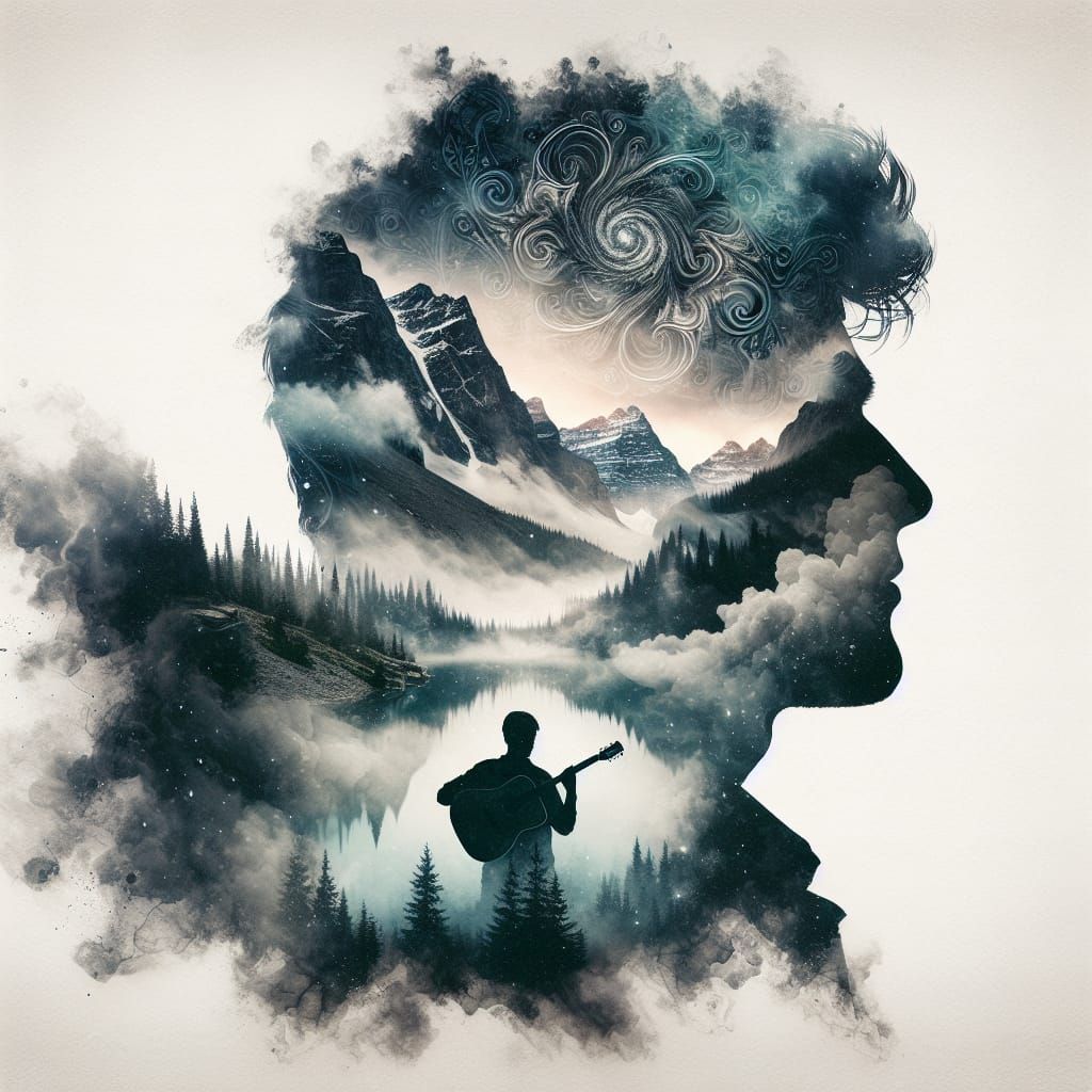 Fantasy Guitarist in Majestic Mountain Landscape