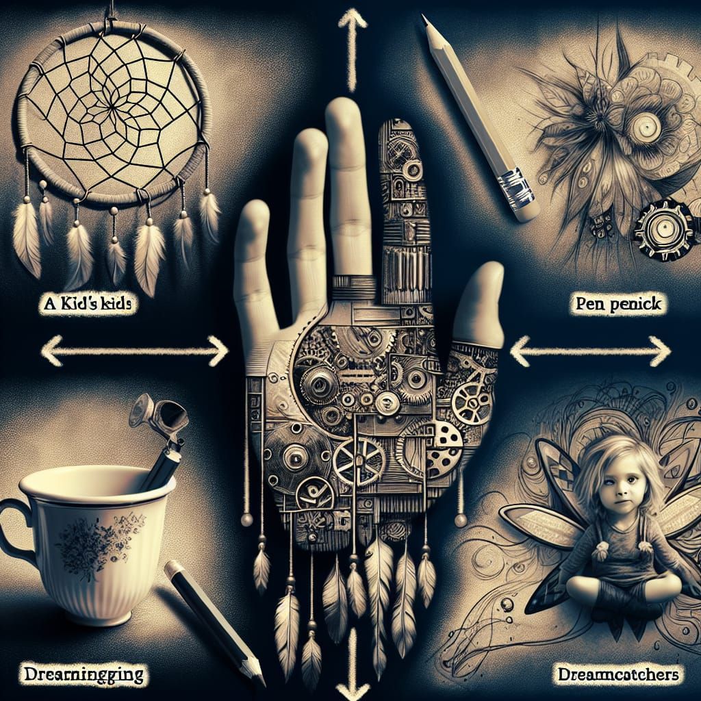 steampunk dreamcatchers, gears, kid's crayon ,pencil drawing...