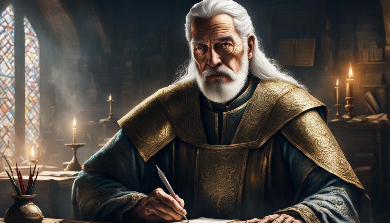 King Writing in Medieval Office: Hyperrealistic Splash Art