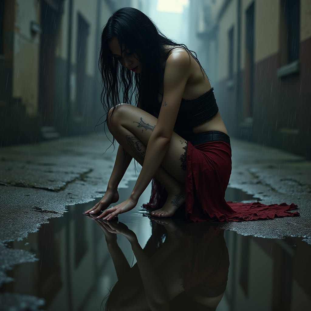 Seductive Victorian Siren in Rainy Alley, Moody Surreal Atmo...
