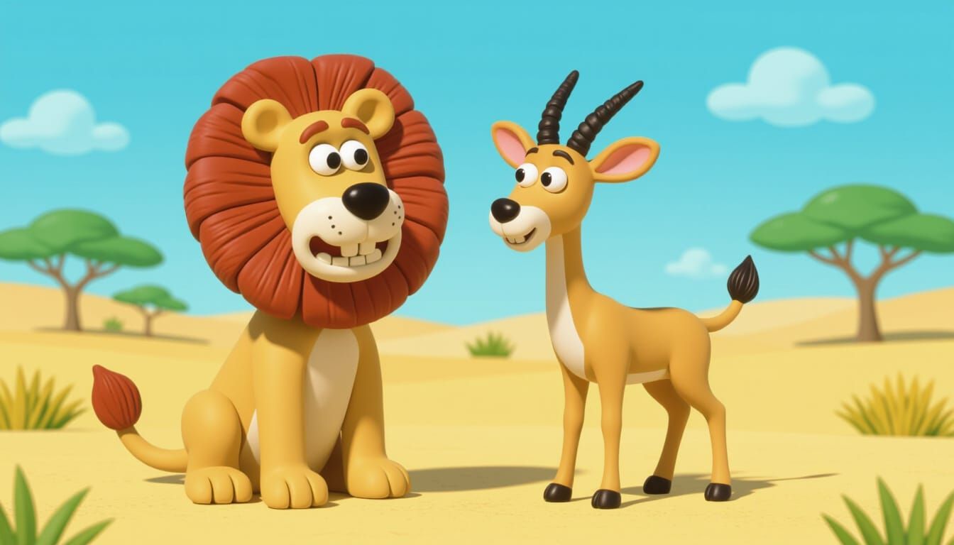Claymation Lion and Gazelle Embrace Friendship