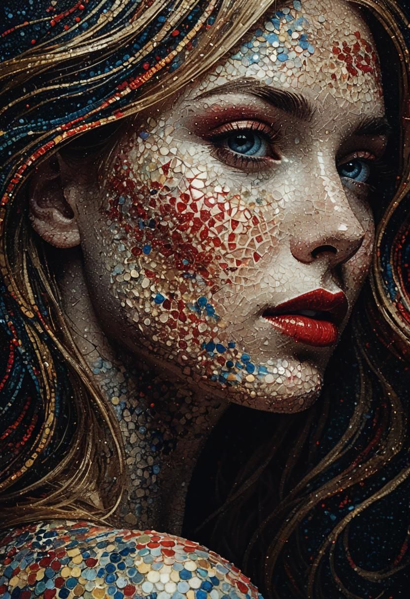 A head shot portrait, pointillism art, A beautiful woman wit...