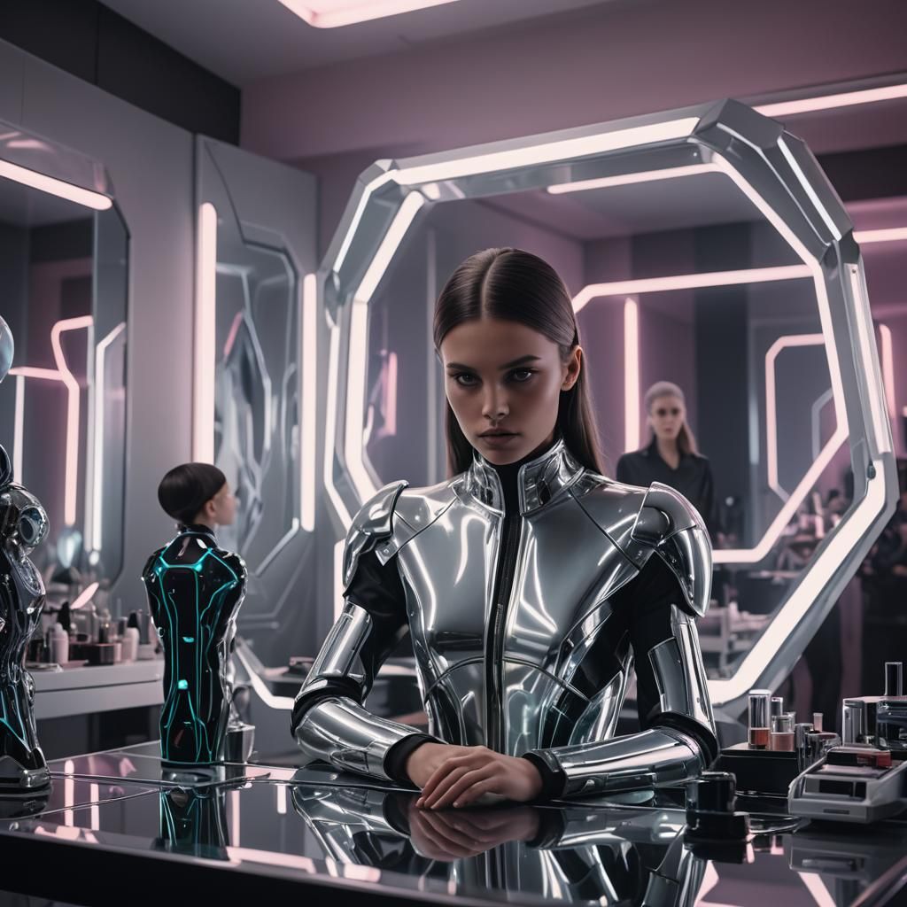 Futuristic Tesseract Fashion Assistant in a Film Still