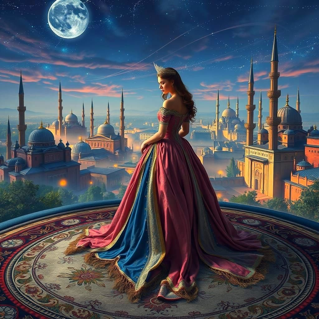 Majestic Princess on a Flying Carpet in a Whimsical Middle E...