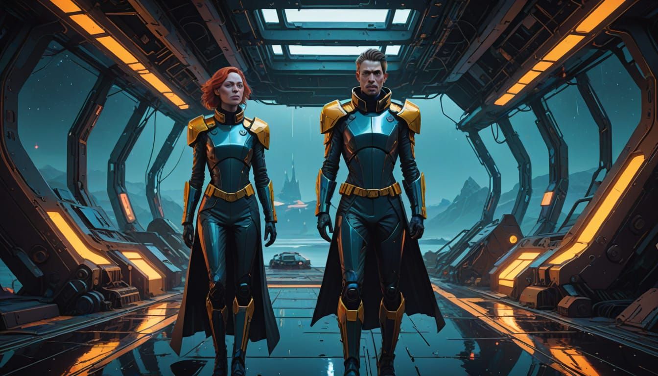 Futuristic Royal Starfleet Officer in Shimmering Latex Unifo...