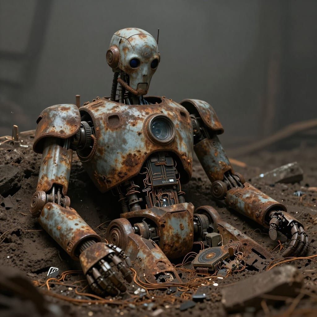 Rusted Robot in Lost Civilization Landscape