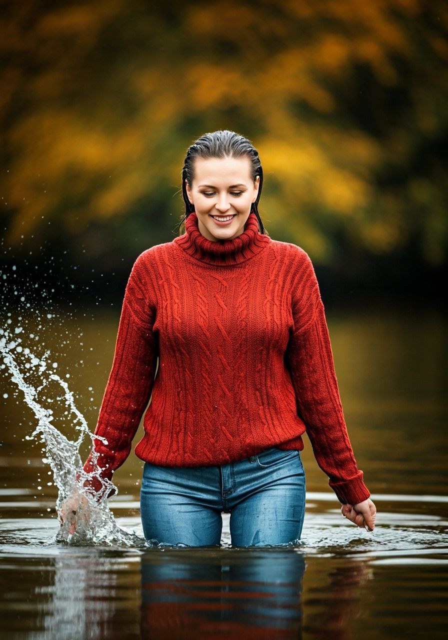 Woman Splashing in Autumn Water with Red Sweater