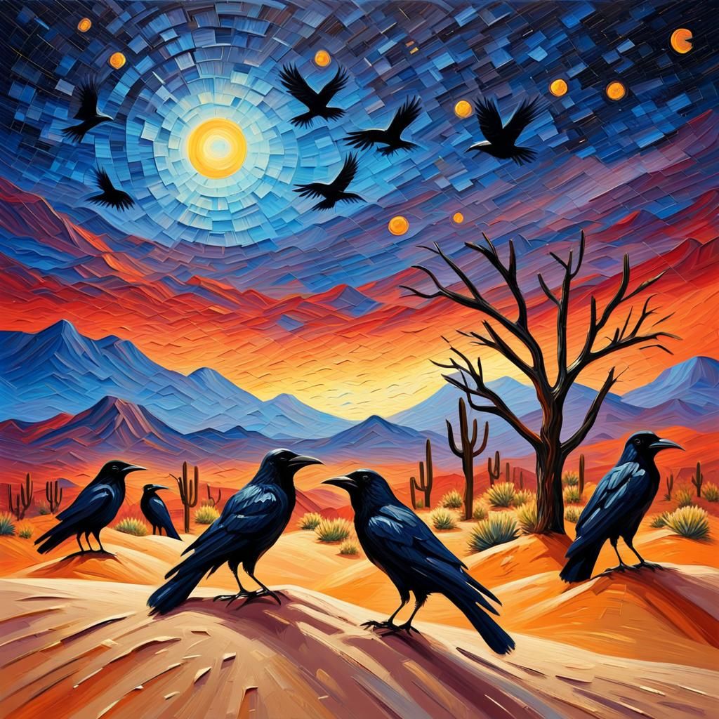Crows in Desert Night Sky: Impasto Oil Painting