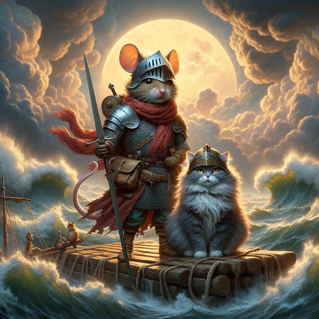 Mouse Knight and Cat Hero on a Raft