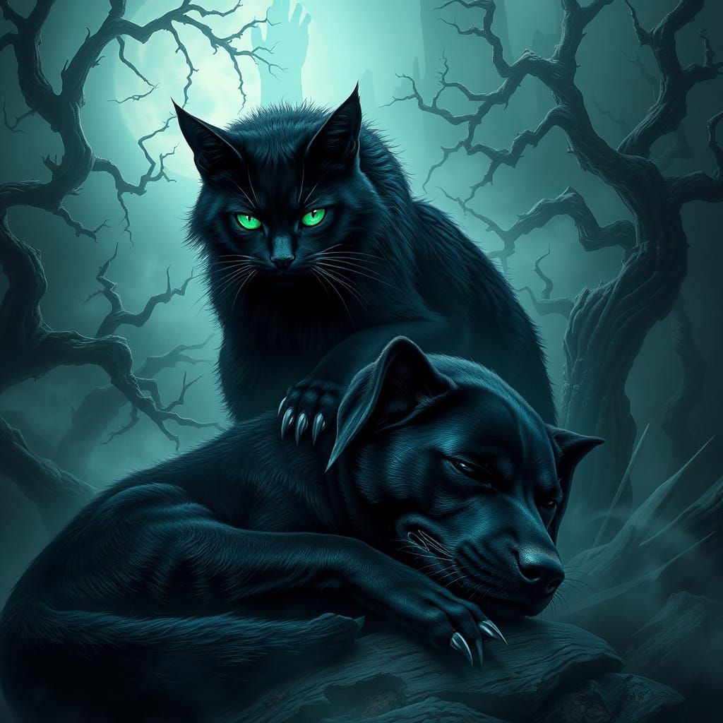 Mysterious Black Cat Guards Her Sleeping Black Dog in Haunti...