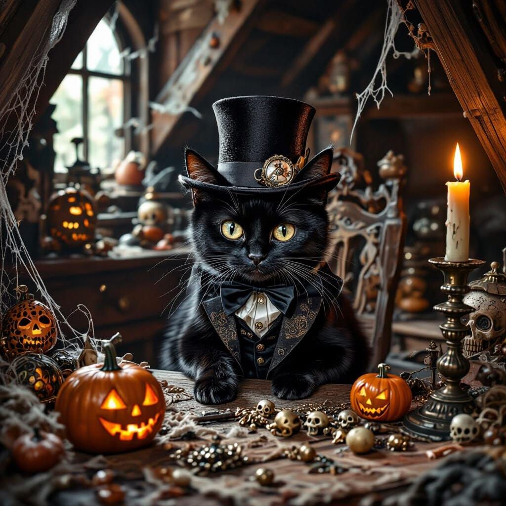 Gothic Black Cat Inspects Halloween Relics