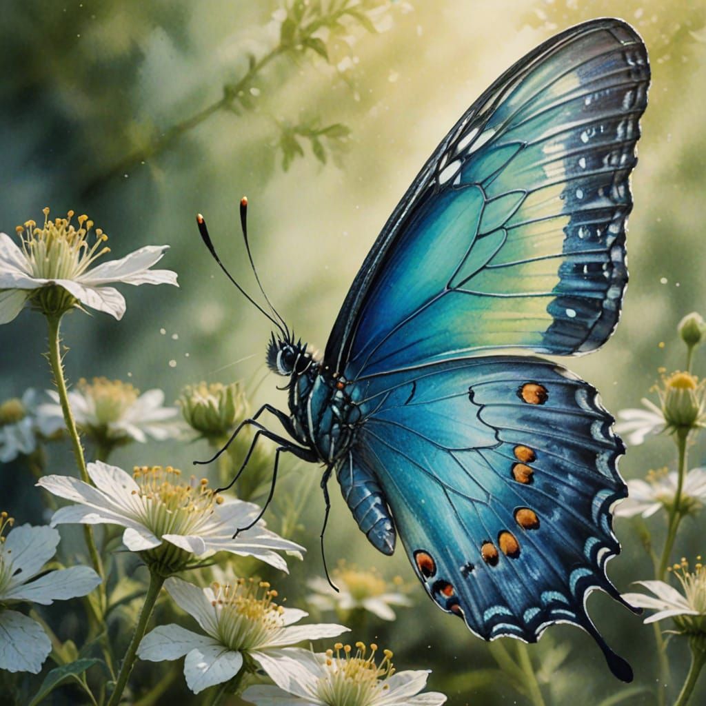 Ethereal Blue and Green Butterfly Watercolor Painting