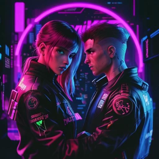 Cyberpunk Eye Contact in Neon-Lit Cityscape