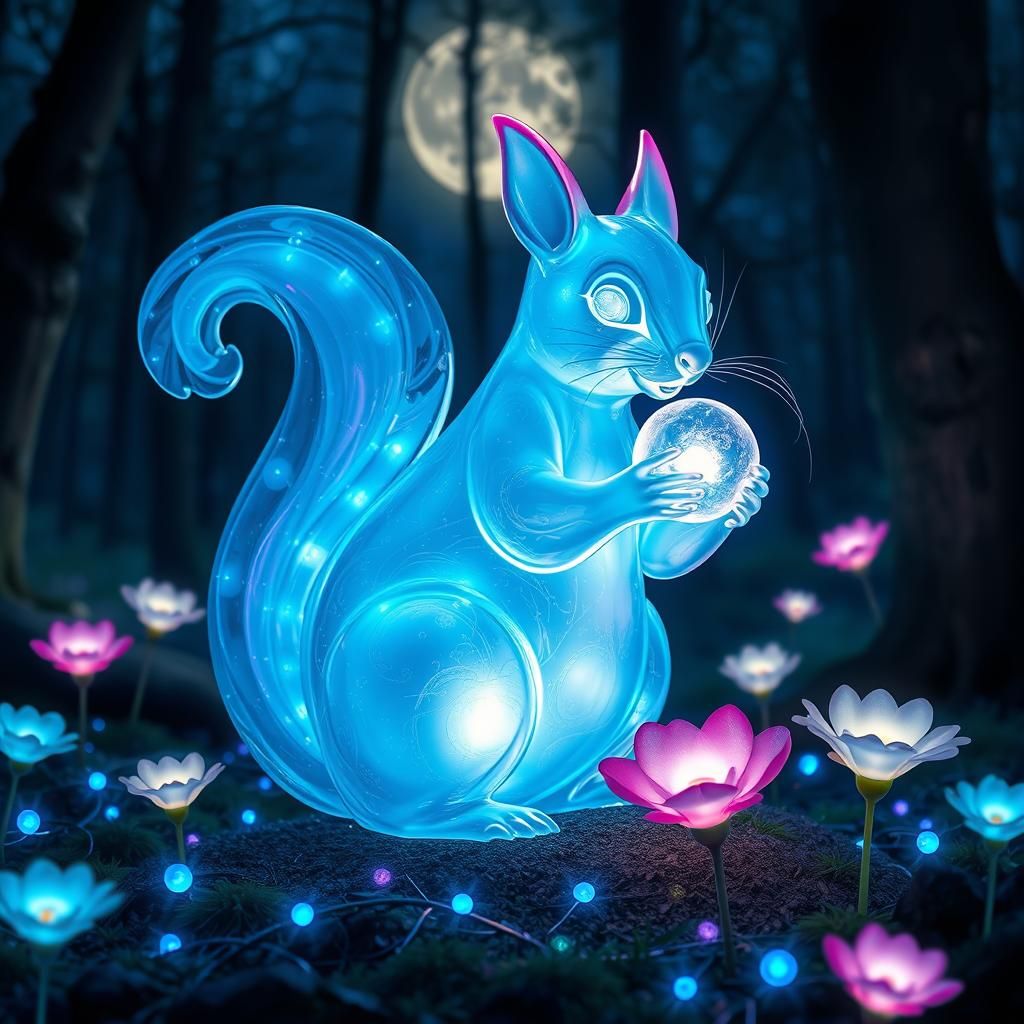 Glowing Glass Squirrel Sculpture in Enchanted Forest