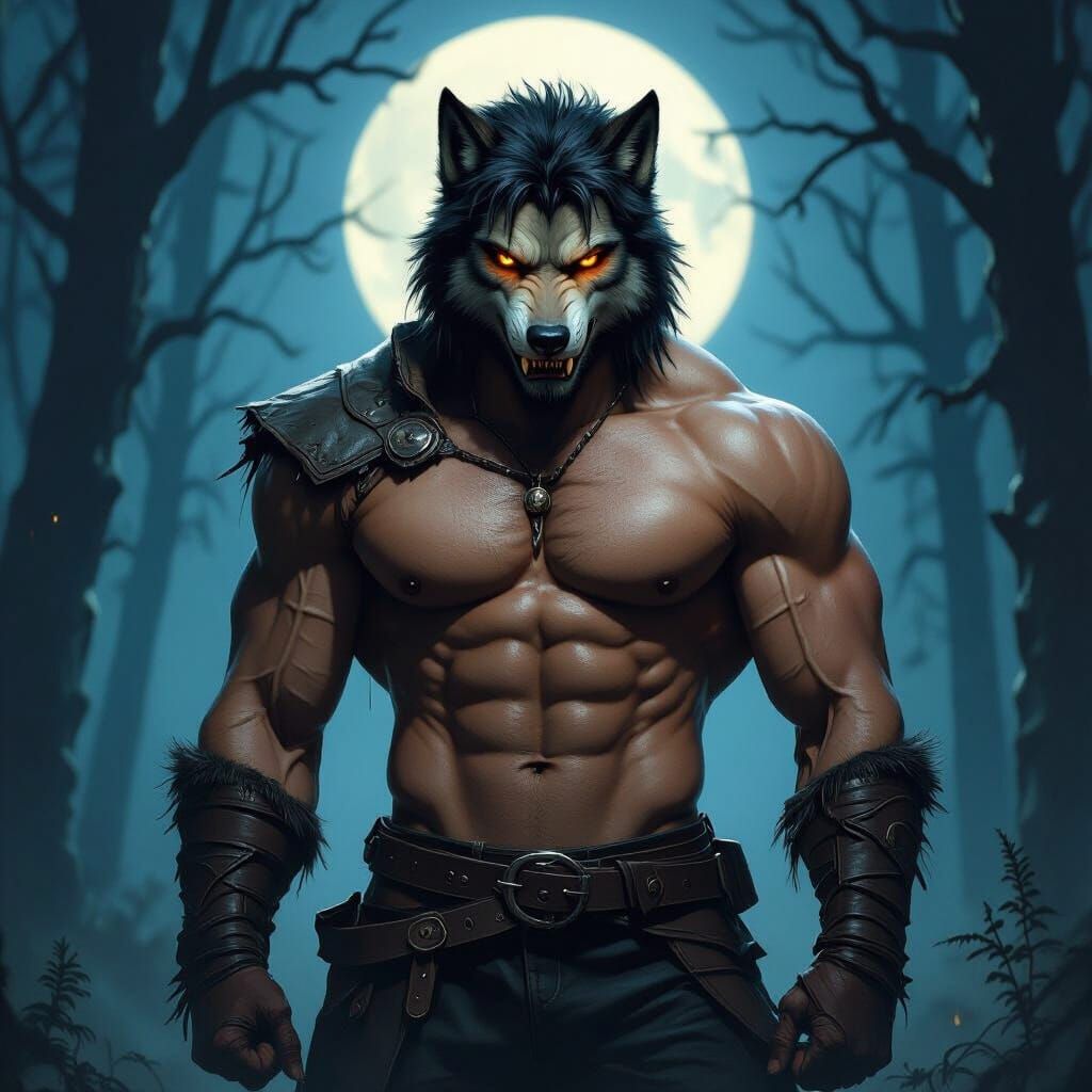 Muscular Wolf Man in Moonlit Forest