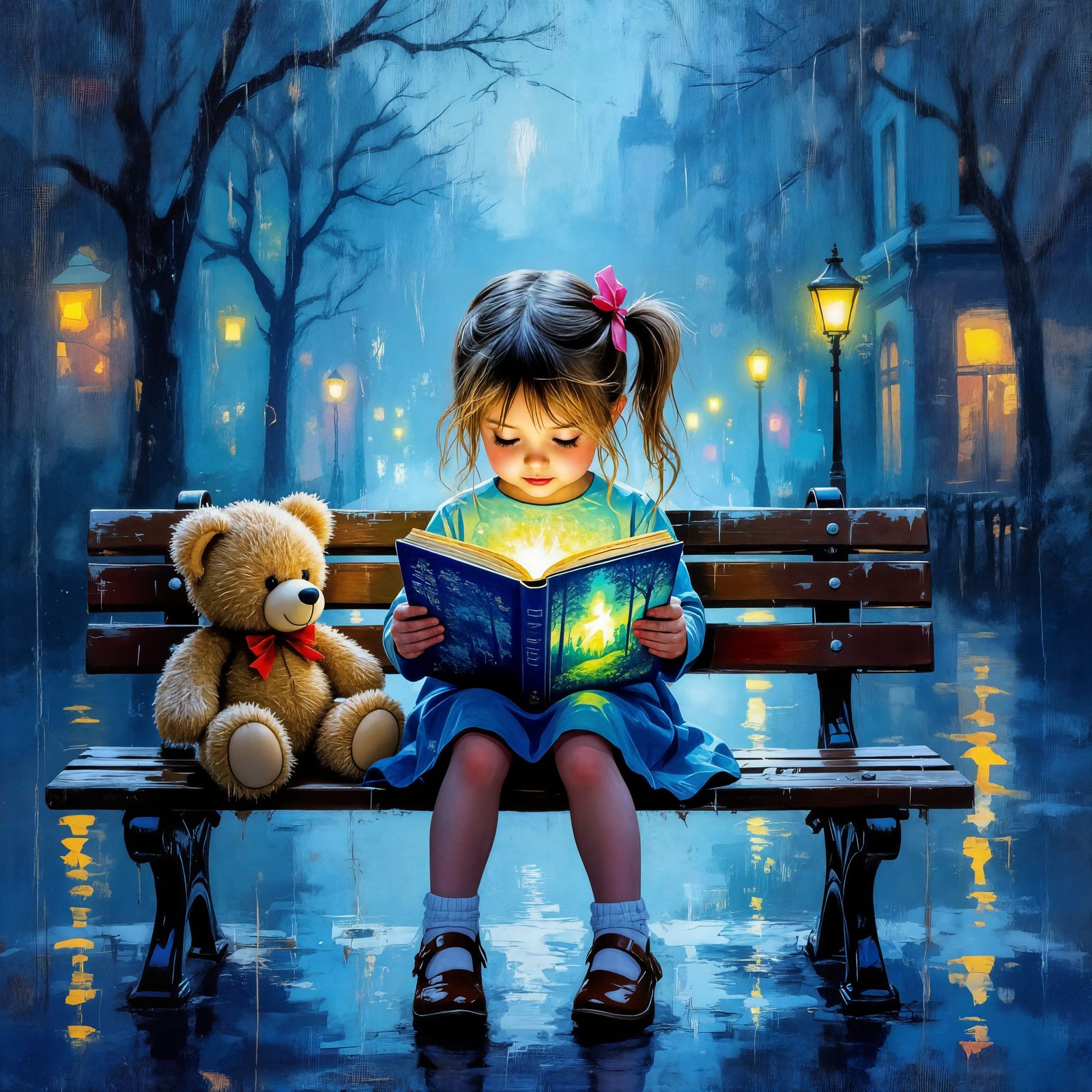 Girl Reading Pop-Up Book With Teddy Bear in Rainy City