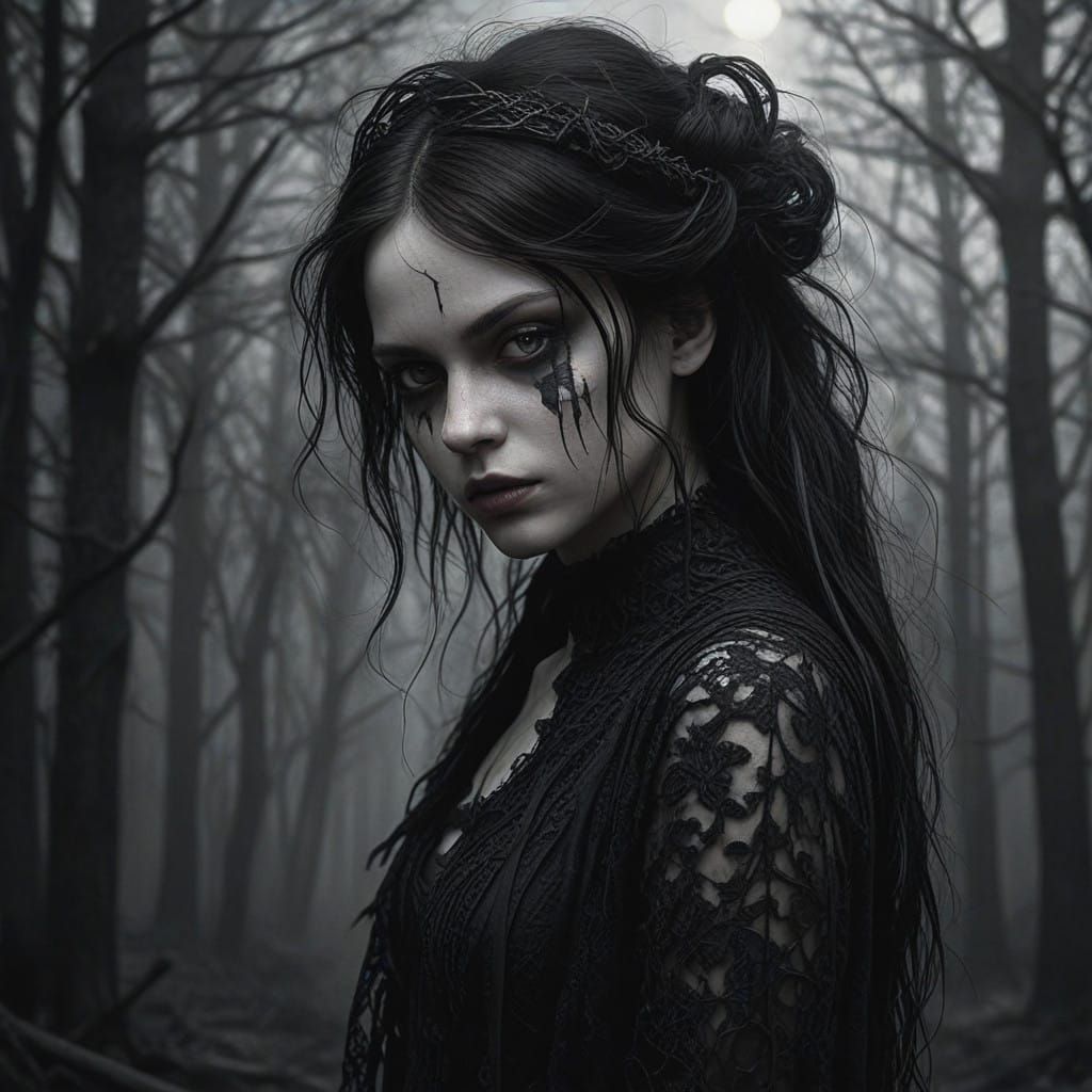 Hyper-realistic portrait 
photography. A gothic child of the Devil. Soft focus. Ethereal, mystical atmosphere. Ambient m...