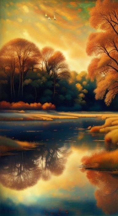 Autumn Lake with Ducks in Impressionist Style