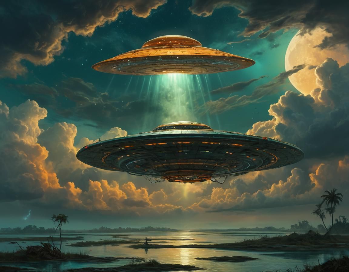 UFO Over Congo Delta in Art Nouveau Style