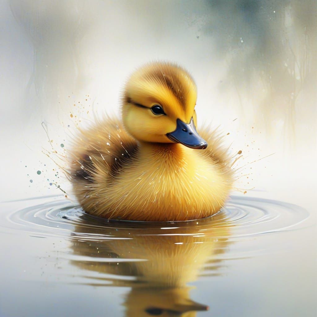 Whimsical Watercolour Duckling in Enchanting Surreal Landsca...