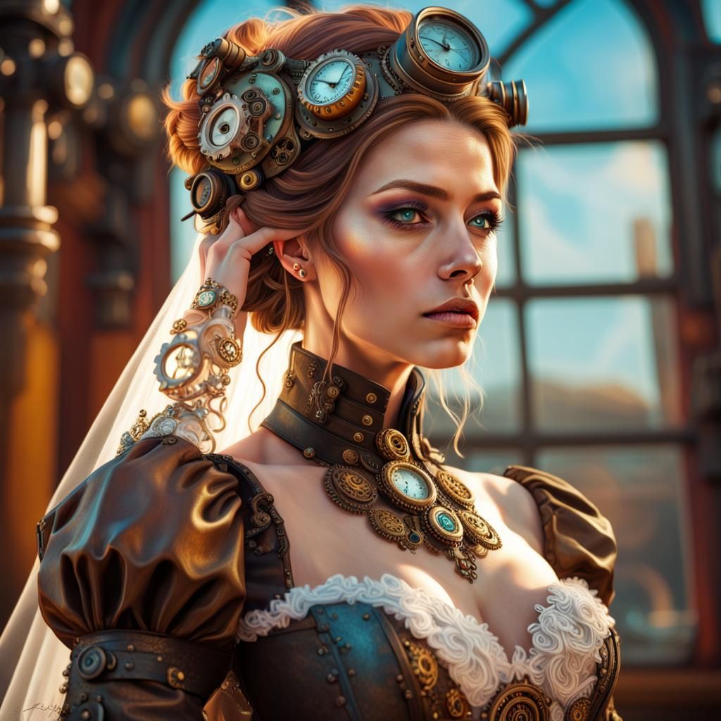 Intricate Steampunk Bride in Splash Art Style