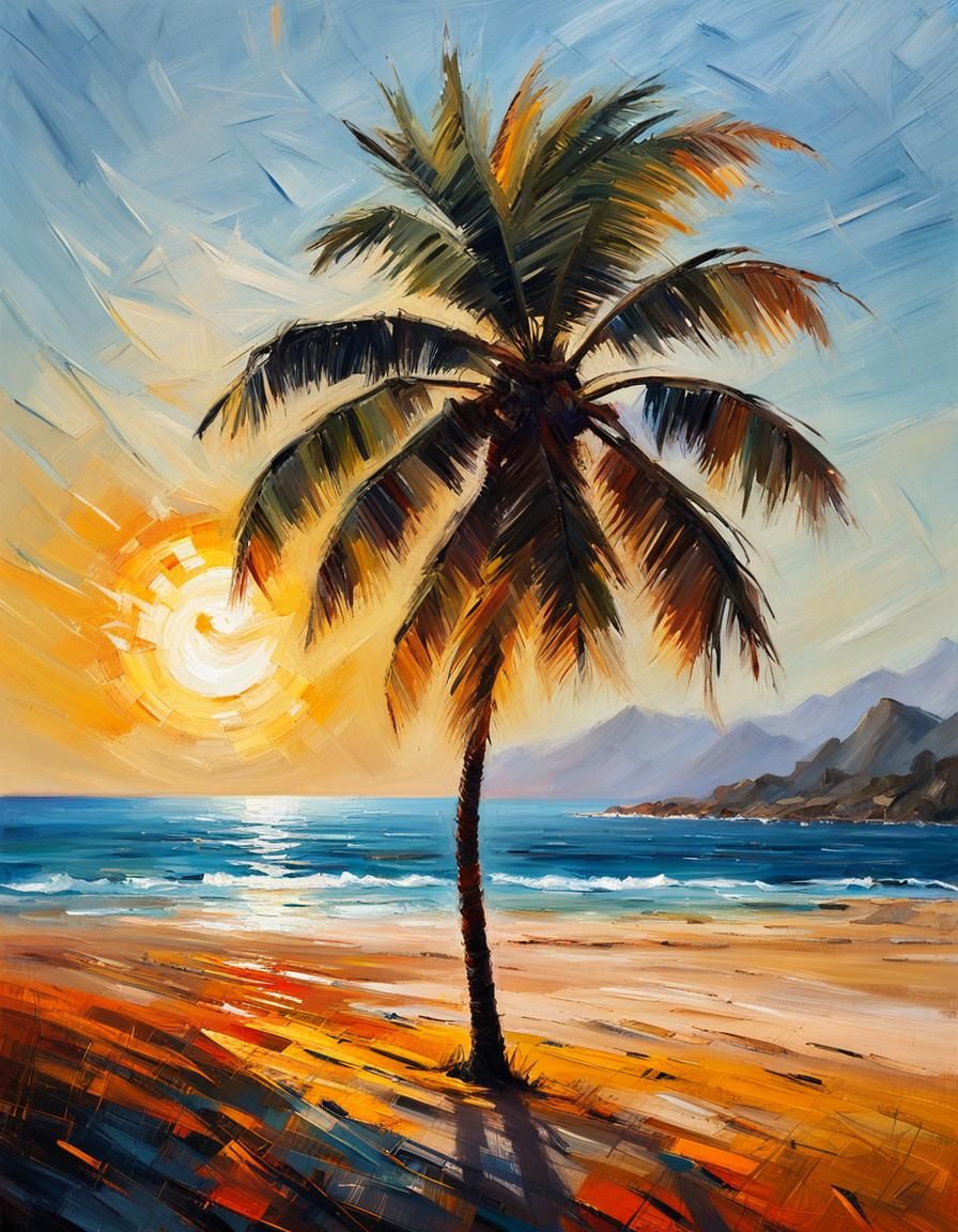Lonely Palm on Deserted Beach: Impasto Painting