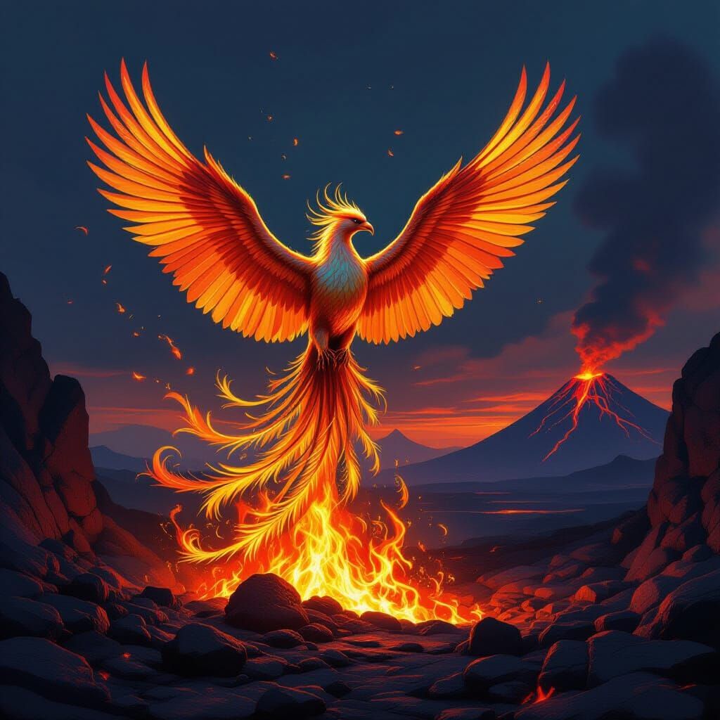 Majestic Phoenix Rises From Embers in Volcanic Twilight