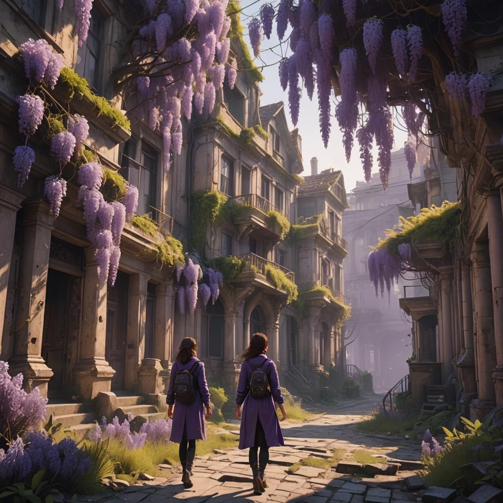 Wisteria-Covered City in Cinematic Style