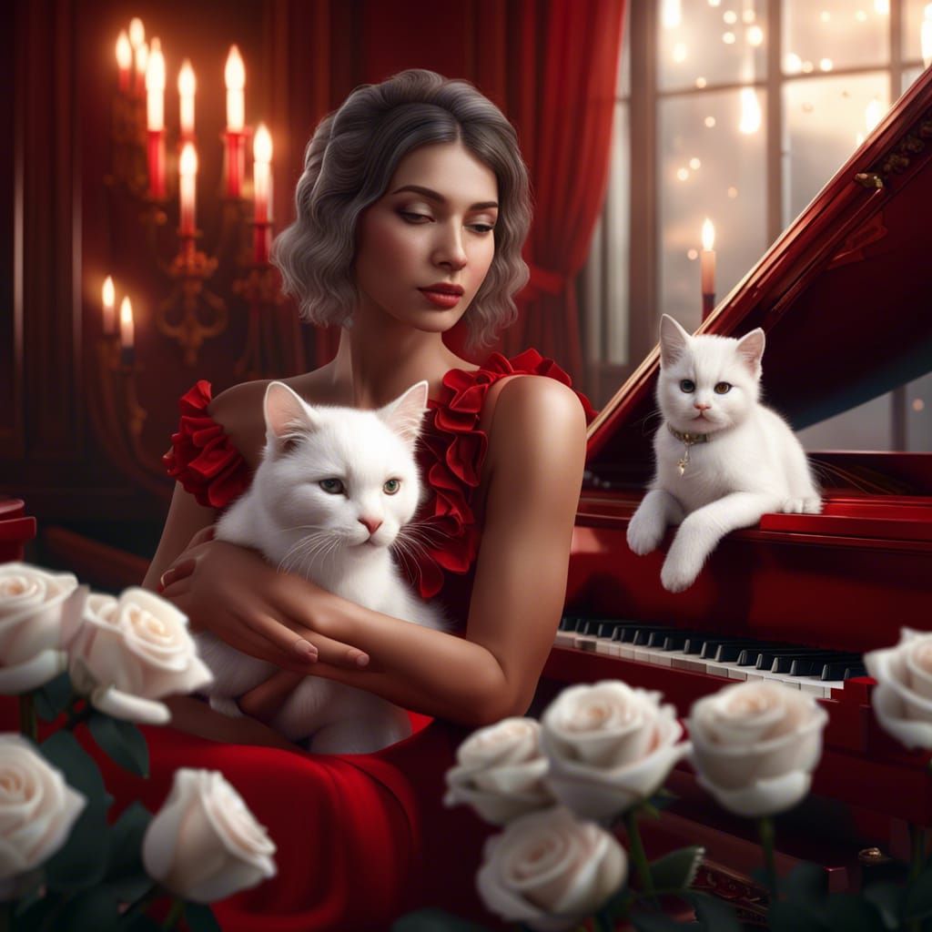 Woman with Cat at Red Piano: Photorealistic 8K