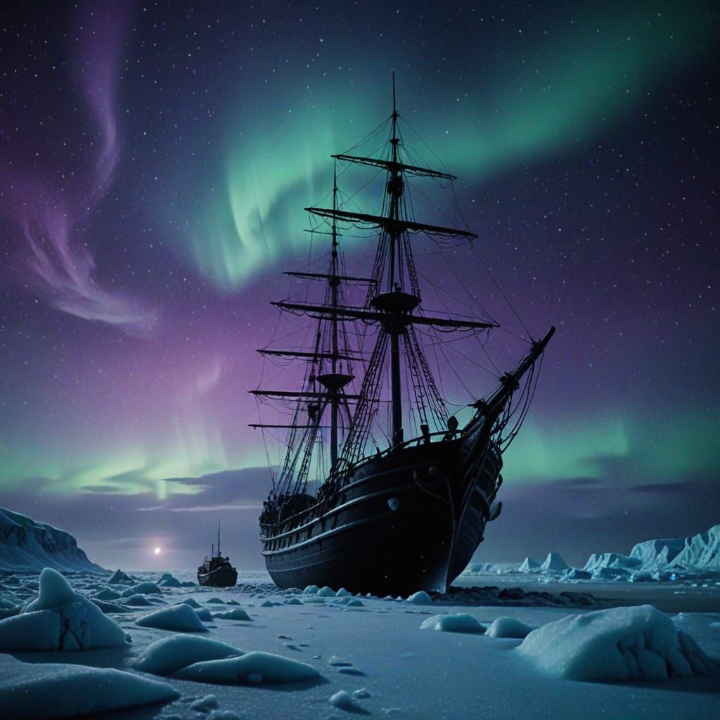 Frozen Ship Under Black Moon: Cinematic Arctic Scene