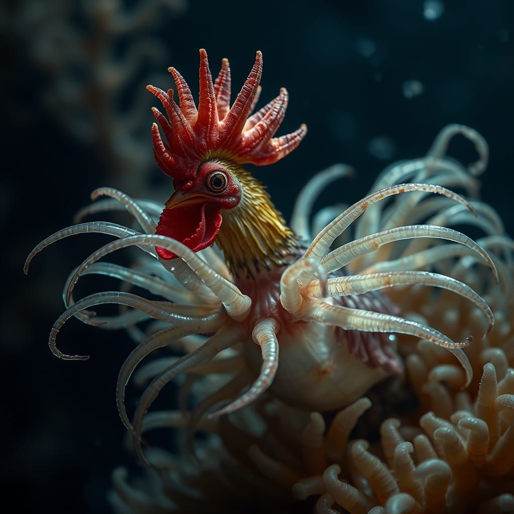 Rooster-Anemone Hybrid in Dreamlike Holographic Style