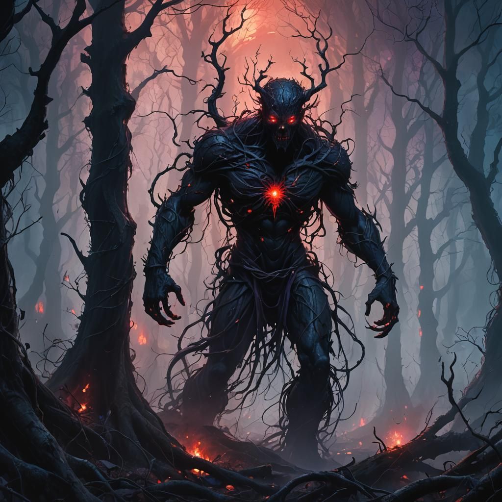 Dark Fantasy Figure in Abandoned Forest