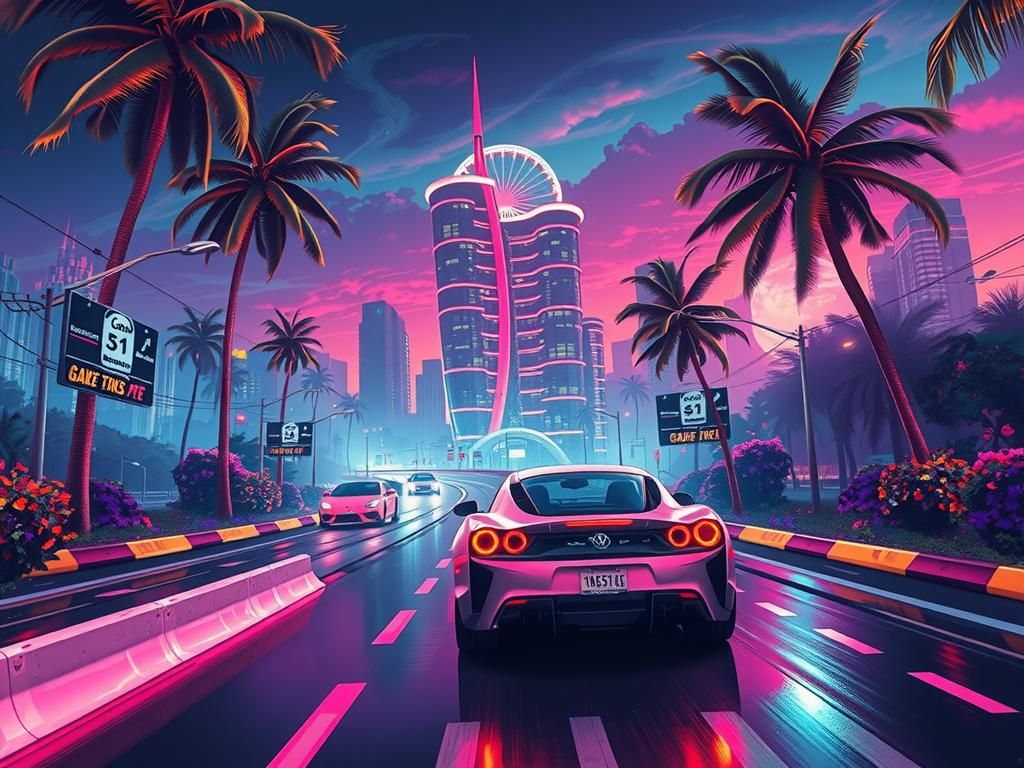 Vibrant Synthwave Cityscape in Retro-Futuristic Style