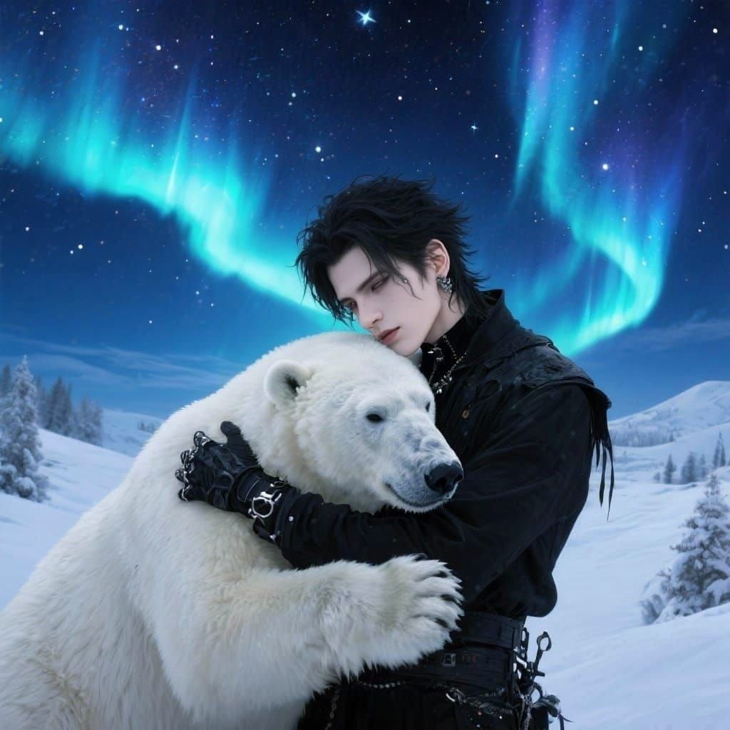 Goth Man Cuddles Polar Bear Under Northern Lights