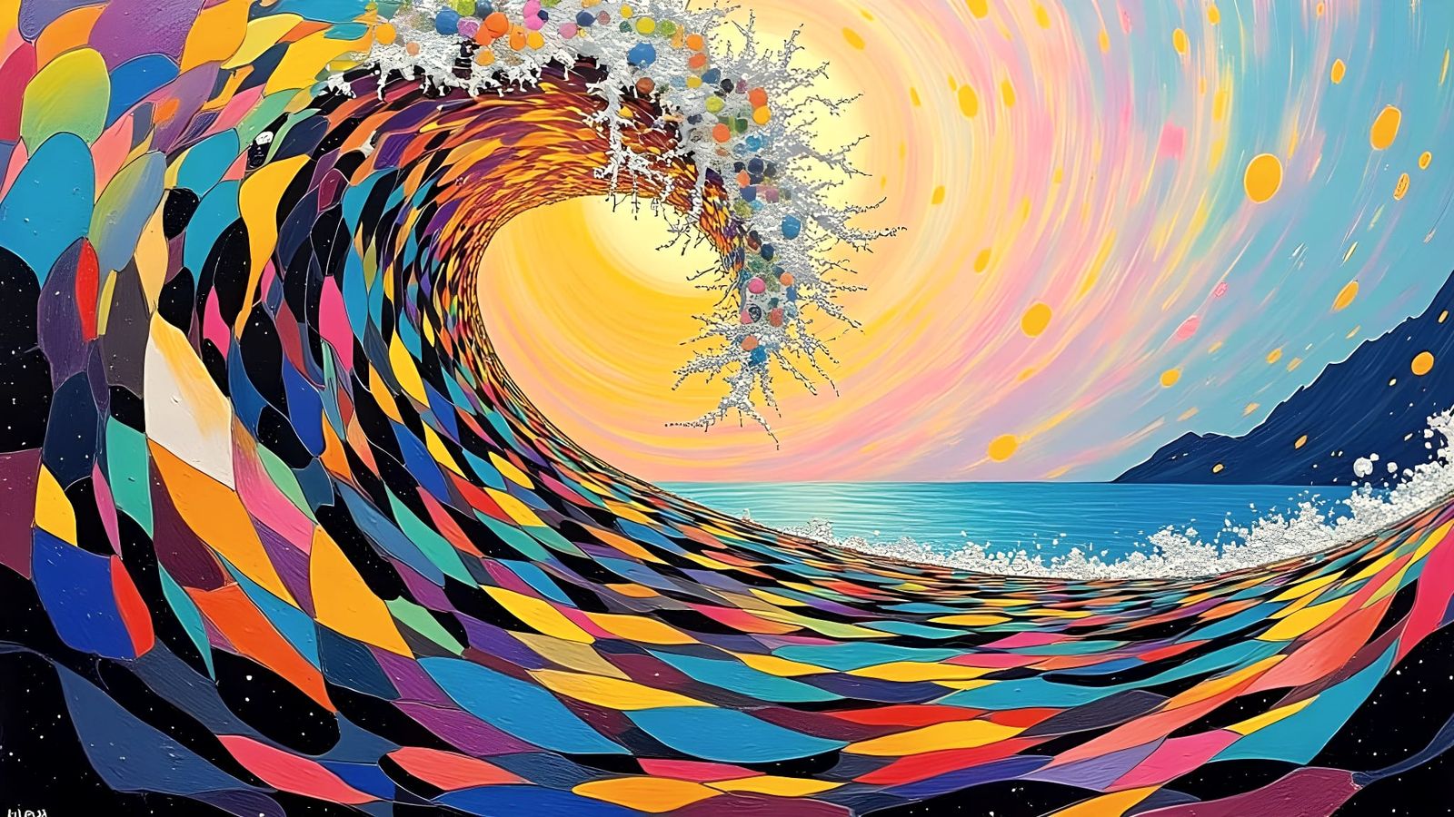 Vibrant Geometric Wave Painting in Impressionist Style