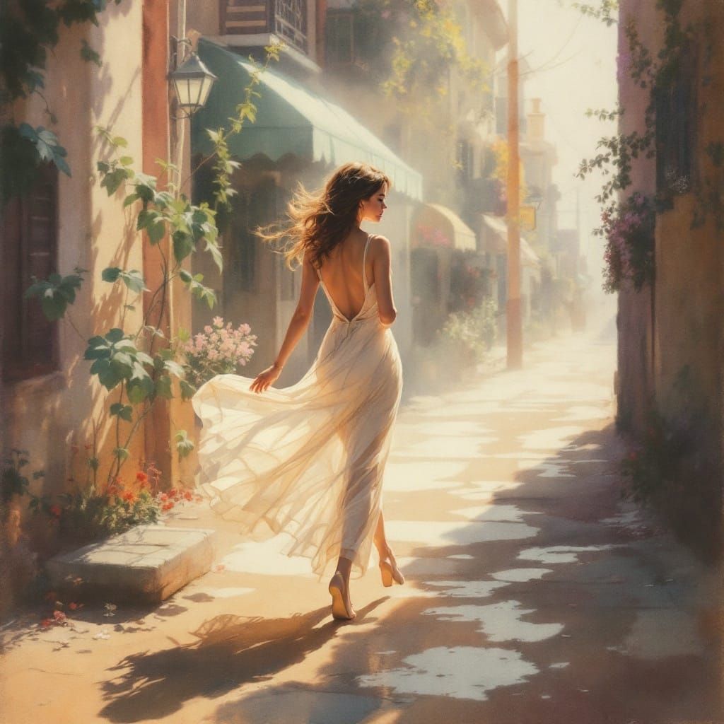 Woman Walking in Sunlit Street, Watercolor Style