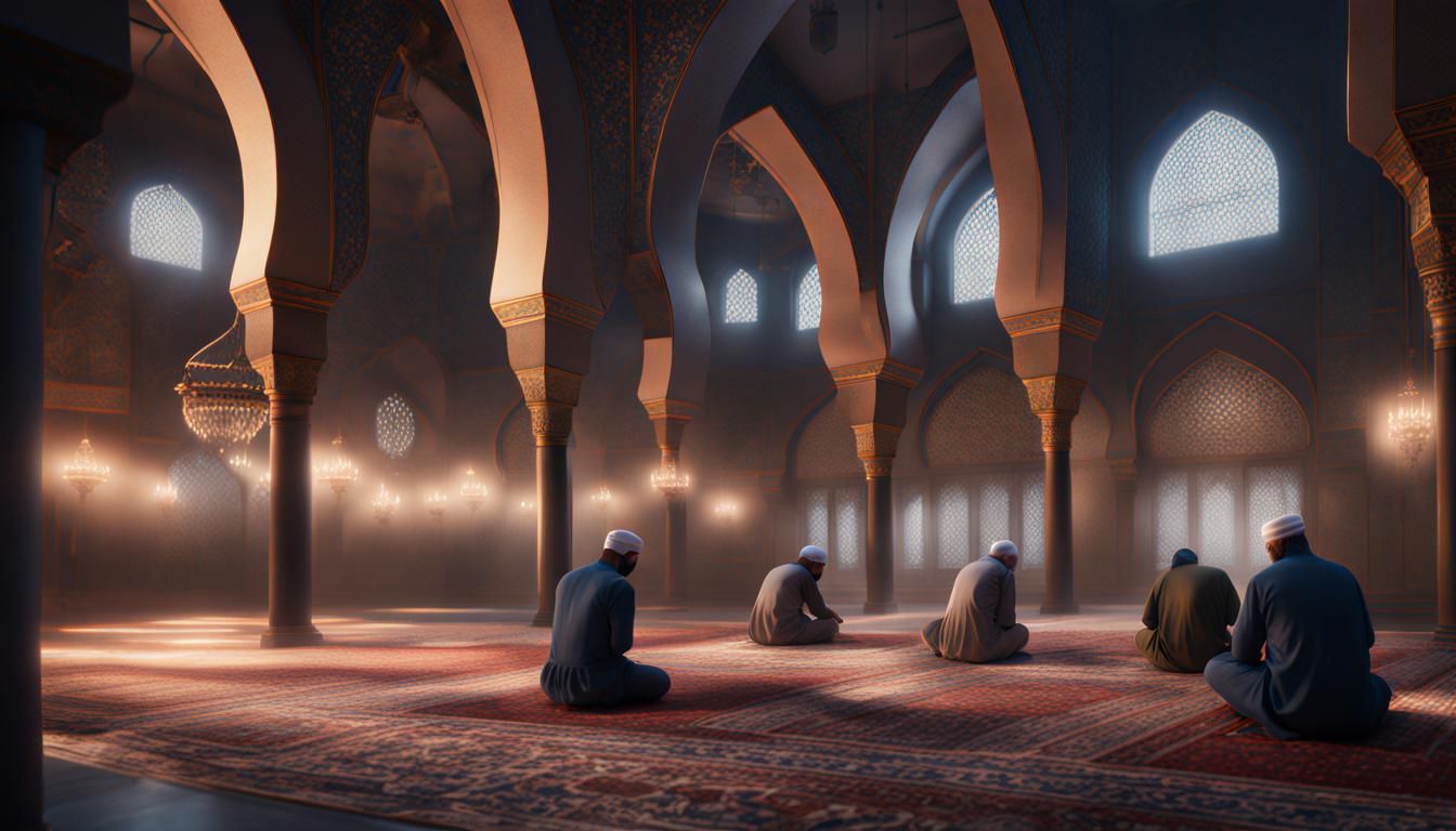 Muslims Praying in Mosque at Night: Detailed Matte Painting
