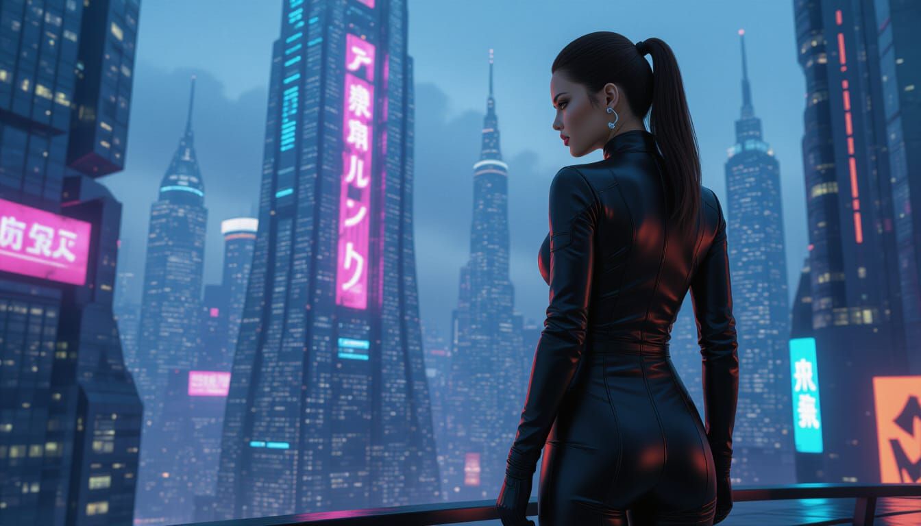 Futuristic Woman in Neon City, 3D Render