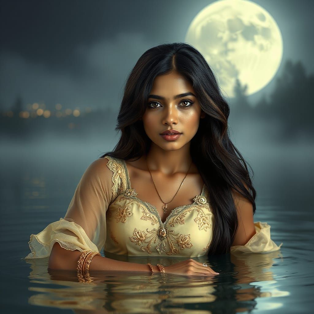 Sri Lankan Woman in Misty Lake Under Moonlight