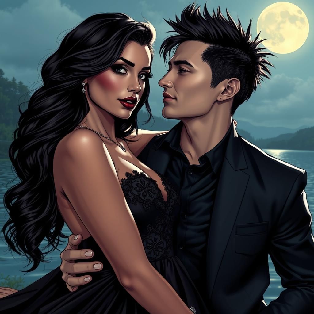 Moonlit Lakeside Couple in Comic Book Style