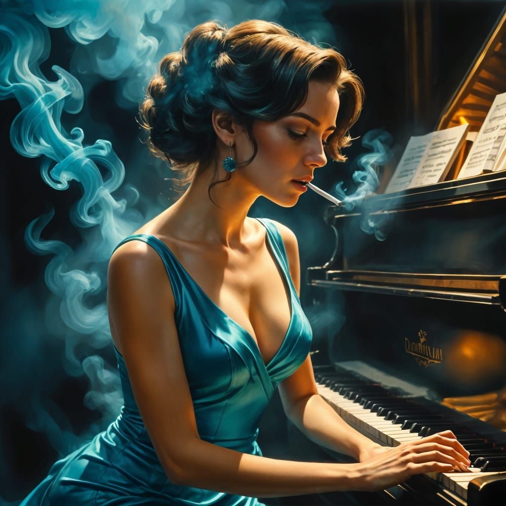 Glamorous Woman Leans on Piano in a Smoky, Turquoise Dress