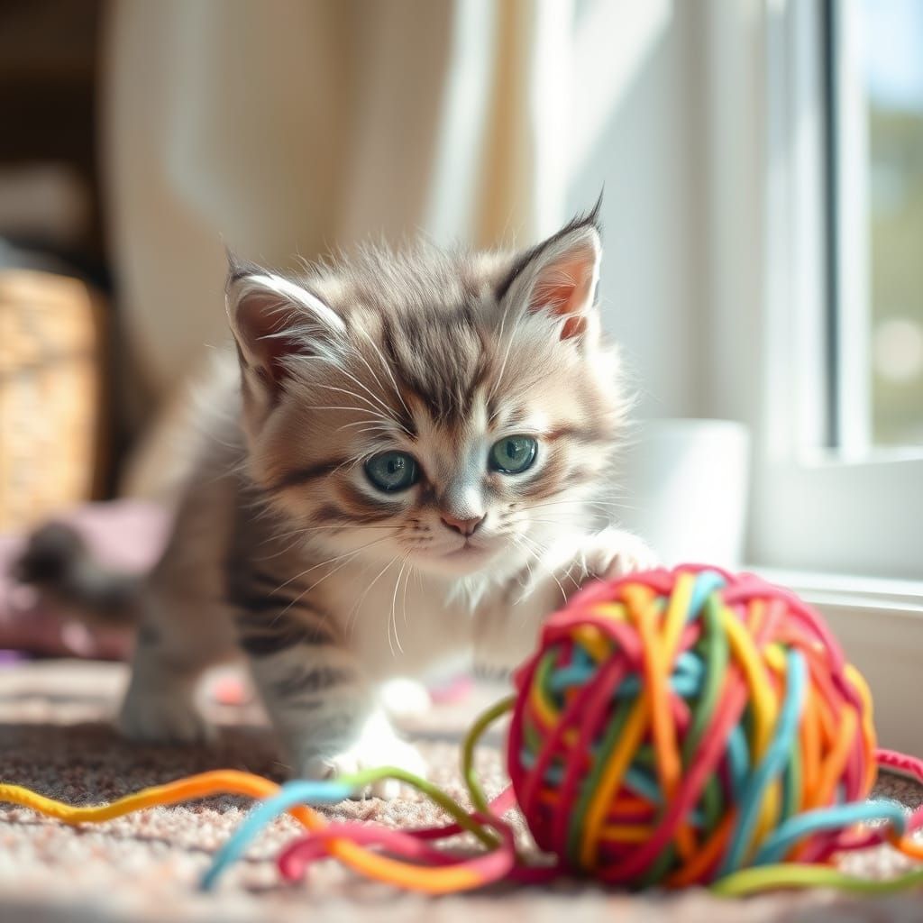 Cute Kitten in Playful, Photorealistic Scene