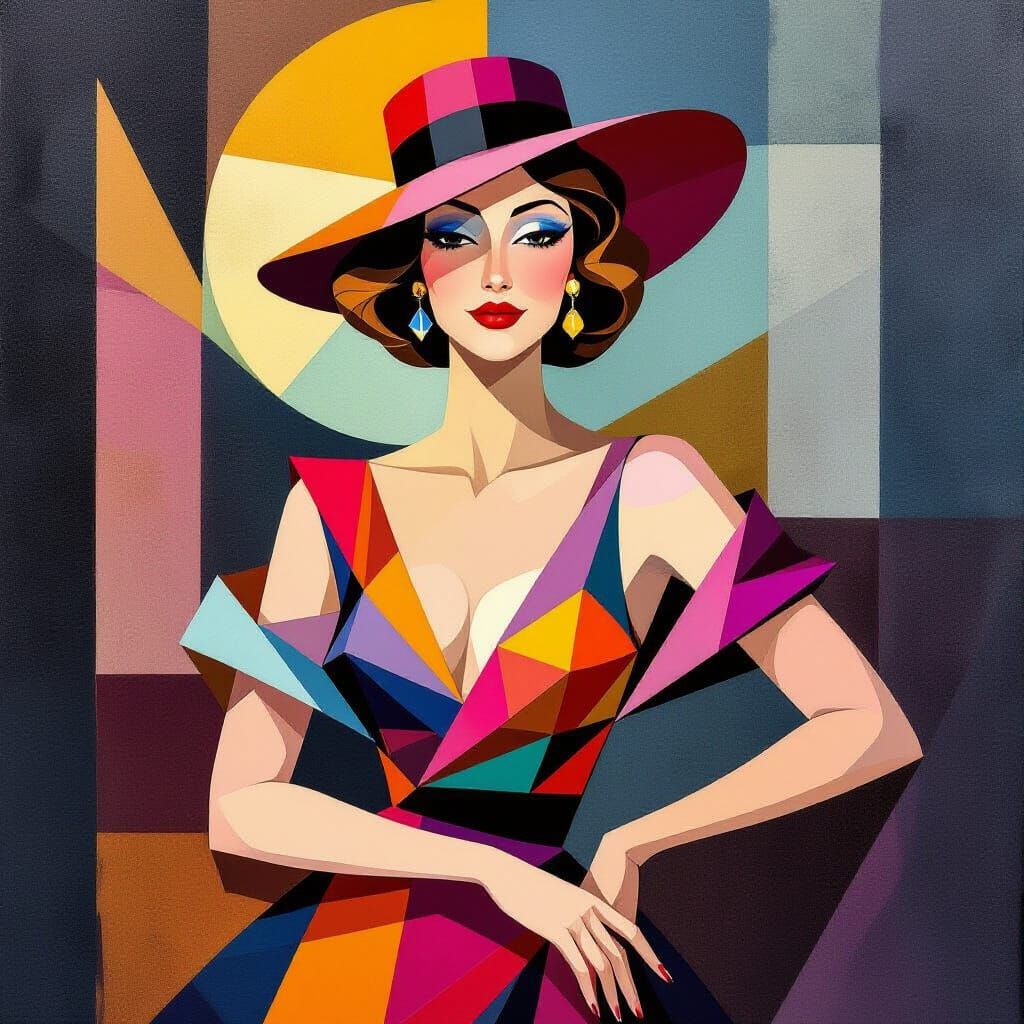 1925 Cubist Fashion Illustration with Art Deco Style