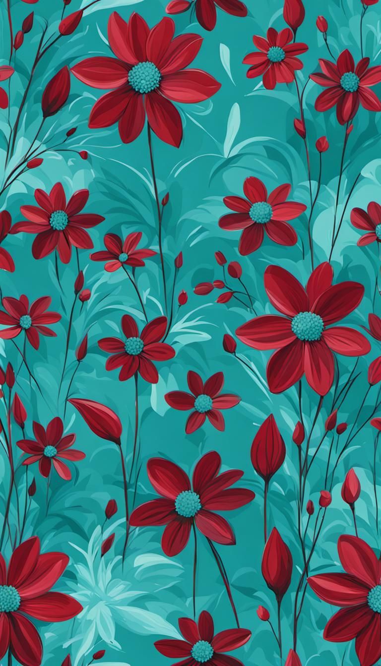 Abstract Floral Art in Crimson and Teal