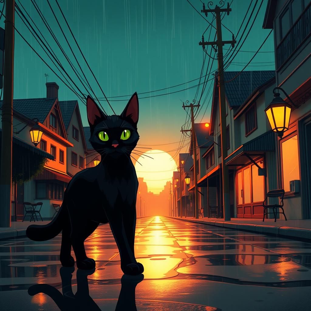 Black Cat Walks in Rainy Town: Anime Style