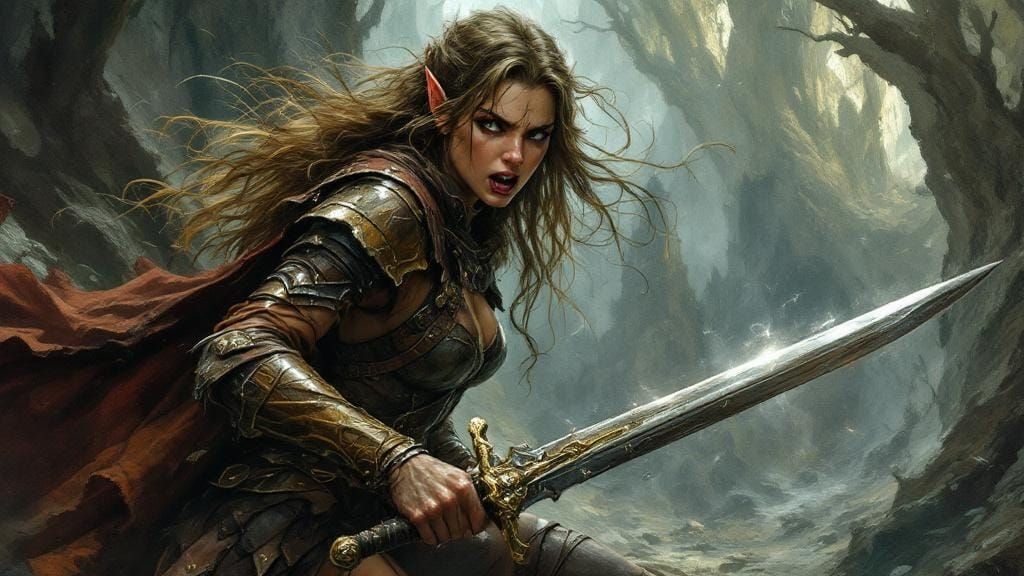 Elf Warrior in Dark Fantasy Landscape