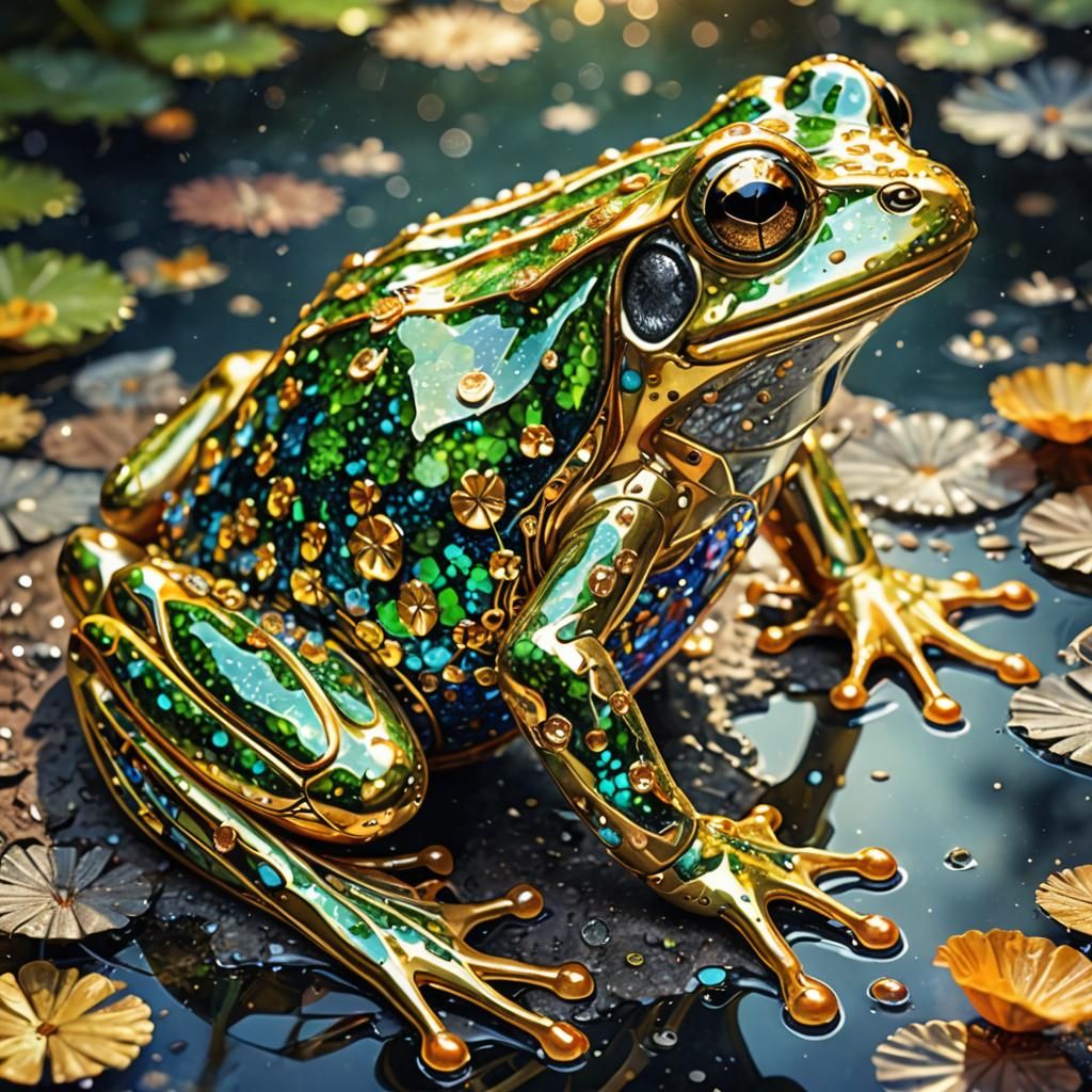 A beautiful shiny frog that looks like it's made of gold and...