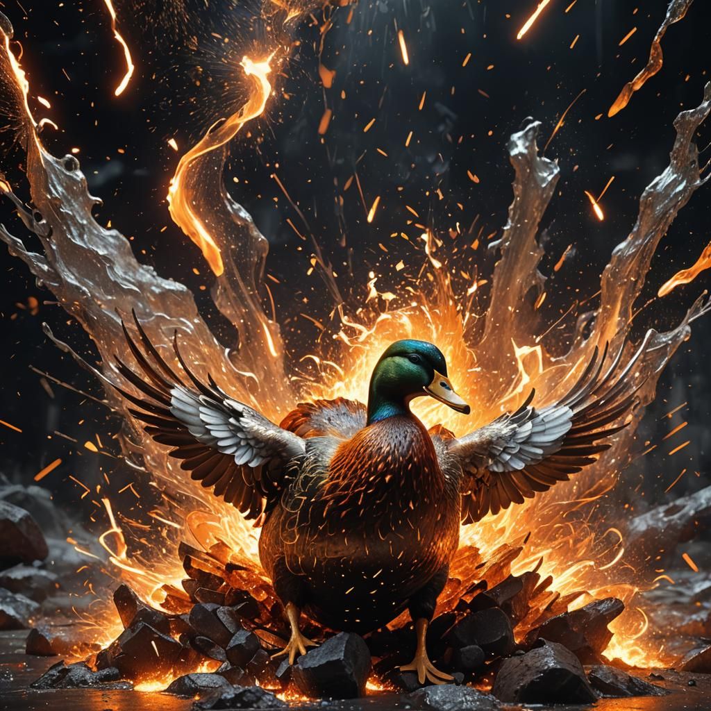 Molten Metal Duck with Fiery Sparks in 3D Rendering