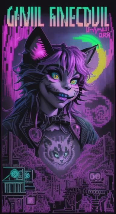 Cyberpunk Cheshire Cat in 16-bit Pixel Art